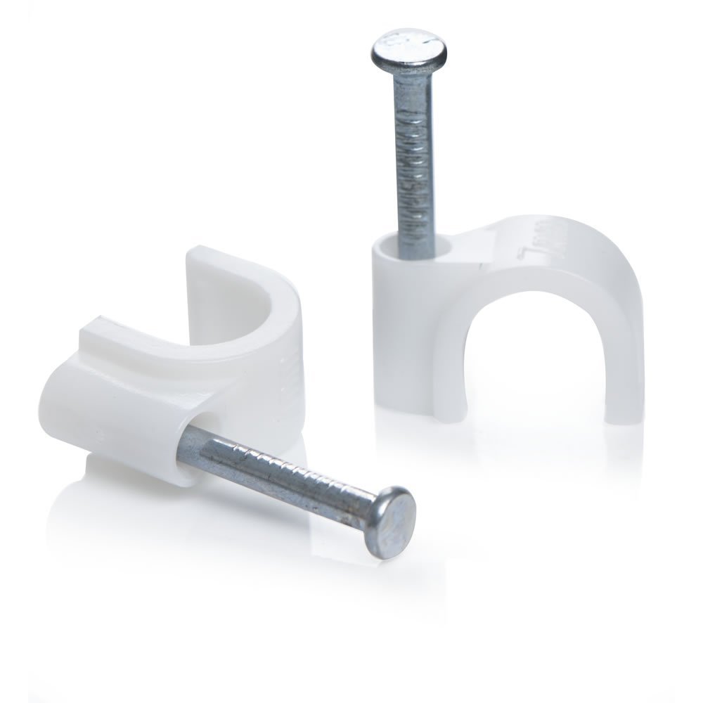 Cable Clips with Metal Nails for Cable Management (6mm), Round Wire Clamps for Hanging Cables Fitting on Wall (White, Pack of 100, 6 mm)